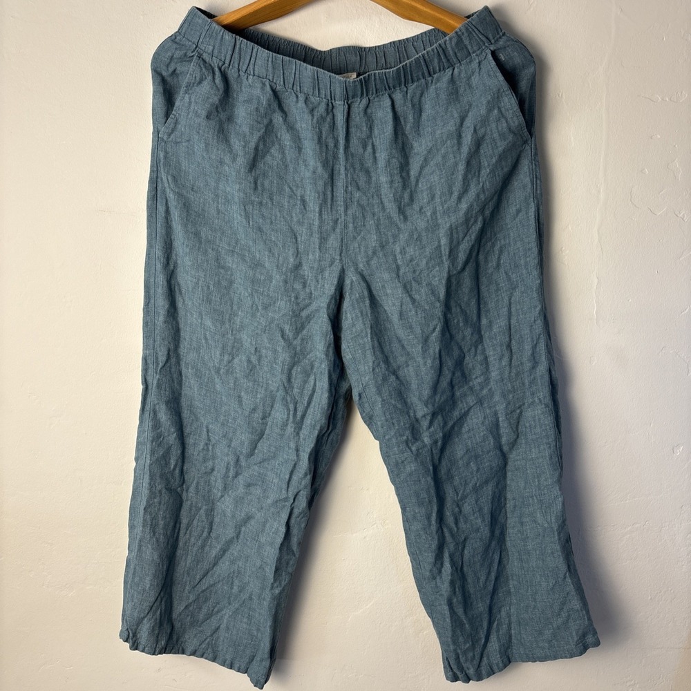 Eileen Fisher 100% Organic Linen Wide Leg Pants Size Large Pockets Pull-On